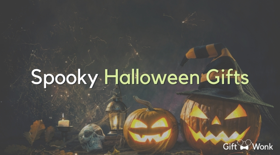 Cute Halloween Gifts title image with glowing pumpkin in the background